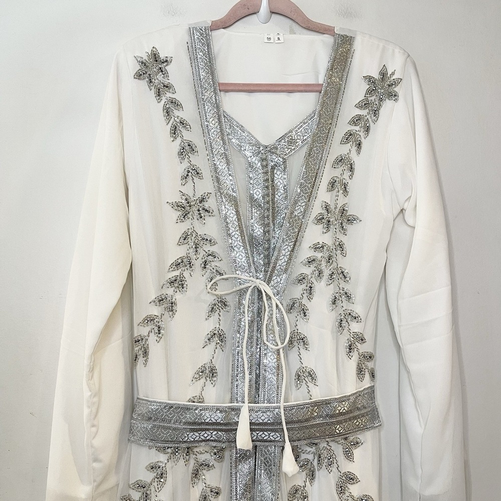 Farasha Hand Work Fancy Islamic Moroccan EID Kaftan Dubai Long Gown Abaya White - Picture 3 of 7
